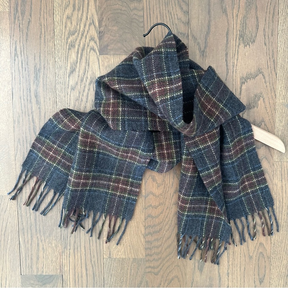 Vintage Geoffrey Beene Plaid Tartan 100% Wool Oblong Scarf Grey Multicolor 56"l